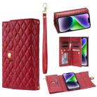 For iPhone 14 Zipper Multi-Card Wallet Rhombic Leather Phone Case(Red) - 1