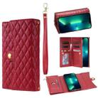 For iPhone 13 Pro Max Zipper Multi-Card Wallet Rhombic Leather Phone Case(Red) - 1