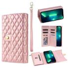 For iPhone 13 Pro Max Zipper Multi-Card Wallet Rhombic Leather Phone Case(Rose Gold) - 1