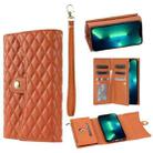 For iPhone 13 Pro Max Zipper Multi-Card Wallet Rhombic Leather Phone Case(Brown) - 1