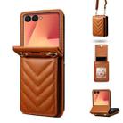 For Samsung Galaxy Z Flip7 5G Rhombic Folding Leather Phone Case with Long Lanyard(Brown) - 1