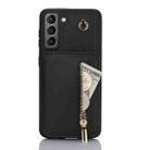 For Samsung Galaxy S21 5G YM006 Skin Feel Zipper Card Bag Phone Case with Dual Lanyard(Black) - 1