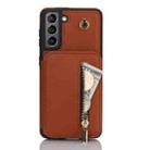 For Samsung Galaxy S21 5G YM006 Skin Feel Zipper Card Bag Phone Case with Dual Lanyard(Brown) - 1