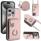 For iPhone 15 Pro Organ Card Bag Ring Holder Phone Case with Long Lanyard(Pink) - 1