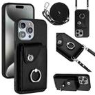 For iPhone 15 Pro Organ Card Bag Ring Holder Phone Case with Long Lanyard(Black) - 1