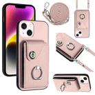 For iPhone 15 Organ Card Bag Ring Holder Phone Case with Long Lanyard(Pink) - 1