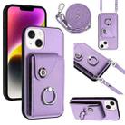 For iPhone 14 Plus Organ Card Bag Ring Holder Phone Case with Long Lanyard(Purple) - 1