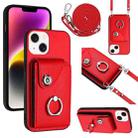 For iPhone 14 Organ Card Bag Ring Holder Phone Case with Long Lanyard(Red) - 1