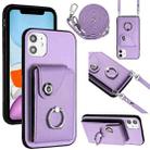 For iPhone 12 Organ Card Bag Ring Holder Phone Case with Long Lanyard(Purple) - 1