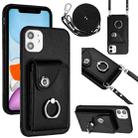 For iPhone 12 Organ Card Bag Ring Holder Phone Case with Long Lanyard(Black) - 1