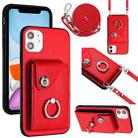 For iPhone 12 Organ Card Bag Ring Holder Phone Case with Long Lanyard(Red) - 1