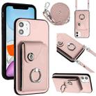 For iPhone 11 Organ Card Bag Ring Holder Phone Case with Long Lanyard(Pink) - 1