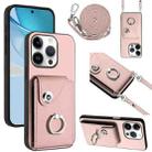 For iPhone 16 Pro Organ Card Bag Ring Holder Phone Case with Long Lanyard(Pink) - 1