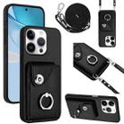 For iPhone 16 Pro Organ Card Bag Ring Holder Phone Case with Long Lanyard(Black) - 1