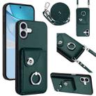 For iPhone 16 Plus Organ Card Bag Ring Holder Phone Case with Long Lanyard(Green) - 1