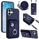 For iPhone 16 Plus Organ Card Bag Ring Holder Phone Case with Long Lanyard(Blue) - 1