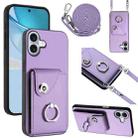 For iPhone 16 Plus Organ Card Bag Ring Holder Phone Case with Long Lanyard(Purple) - 1