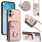 For iPhone 16 Plus Organ Card Bag Ring Holder Phone Case with Long Lanyard(Pink) - 1