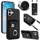 For iPhone 16 Plus Organ Card Bag Ring Holder Phone Case with Long Lanyard(Black) - 1