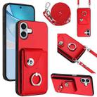 For iPhone 16 Plus Organ Card Bag Ring Holder Phone Case with Long Lanyard(Red) - 1