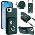 For iPhone 16e Organ Card Bag Ring Holder Phone Case with Long Lanyard(Green) - 1