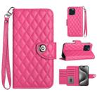 For iPhone 15 Pro Max Rhombic Texture Flip Leather Phone Case with Lanyard(Rose Red) - 1