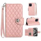 For iPhone 15 Pro Max Rhombic Texture Flip Leather Phone Case with Lanyard(Coral Pink) - 1