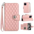 For iPhone 15 Pro Rhombic Texture Flip Leather Phone Case with Lanyard(Coral Pink) - 1