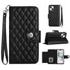 For iPhone 15 Plus Rhombic Texture Flip Leather Phone Case with Lanyard(Black) - 1