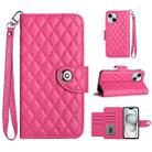 For iPhone 15 Plus Rhombic Texture Flip Leather Phone Case with Lanyard(Rose Red) - 1