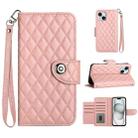 For iPhone 15 Plus Rhombic Texture Flip Leather Phone Case with Lanyard(Coral Pink) - 1