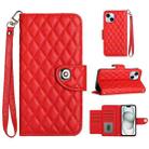 For iPhone 14 Plus Rhombic Texture Flip Leather Phone Case with Lanyard(Red) - 1