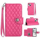 For iPhone 14 Plus Rhombic Texture Flip Leather Phone Case with Lanyard(Rose Red) - 1