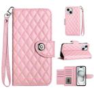 For iPhone 14 Rhombic Texture Flip Leather Phone Case with Lanyard(Pink) - 1