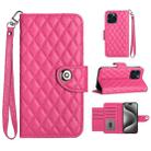 For iPhone 14 Pro Rhombic Texture Flip Leather Phone Case with Lanyard(Rose Red) - 1