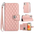 For iPhone 12 / 12 Pro Rhombic Texture Flip Leather Phone Case with Lanyard(Coral Pink) - 1