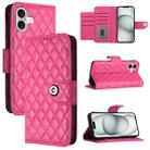 For iPhone 16 Plus Rhombic Texture Flip Leather Phone Case with Lanyard(Rose Red) - 1