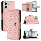 For iPhone 16 Plus Rhombic Texture Flip Leather Phone Case with Lanyard(Coral Pink) - 1