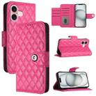 For iPhone 16 Rhombic Texture Flip Leather Phone Case with Lanyard(Rose Red) - 1