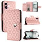 For iPhone 16 Rhombic Texture Flip Leather Phone Case with Lanyard(Coral Pink) - 1