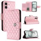 For iPhone 16 Rhombic Texture Flip Leather Phone Case with Lanyard(Pink) - 1