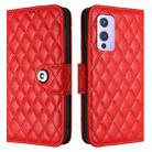 For OnePlus 9 Rhombic Texture Flip Leather Phone Case with Lanyard(Red) - 2