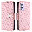 For OnePlus 9 Rhombic Texture Flip Leather Phone Case with Lanyard(Pink) - 2