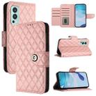 For OnePlus Nord 2 5G Rhombic Texture Flip Leather Phone Case with Lanyard(Coral Pink) - 1