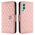 For OnePlus Nord 2 5G Rhombic Texture Flip Leather Phone Case with Lanyard(Coral Pink) - 2