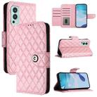 For OnePlus Nord 2 5G Rhombic Texture Flip Leather Phone Case with Lanyard(Pink) - 1