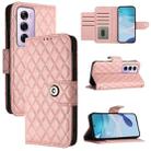 For OPPO Reno12 Pro 5G Global Rhombic Texture Flip Leather Phone Case with Lanyard(Coral Pink) - 1