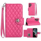 For Samsung Galaxy S22 Ultra 5G Rhombic Texture Flip Leather Phone Case with Lanyard(Rose Red) - 1