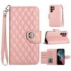 For Samsung Galaxy S22 Ultra 5G Rhombic Texture Flip Leather Phone Case with Lanyard(Coral Pink) - 1