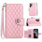 For Samsung Galaxy S22 Ultra 5G Rhombic Texture Flip Leather Phone Case with Lanyard(Pink) - 1